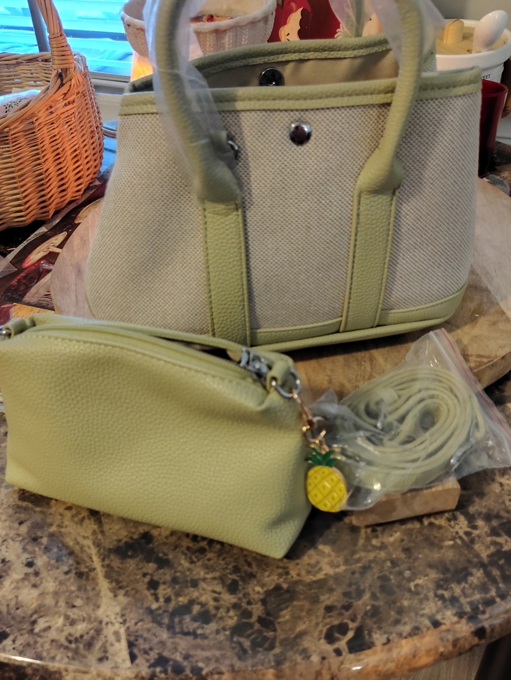 Canvas & Faux-Leather Tote with Lime Green Pouch